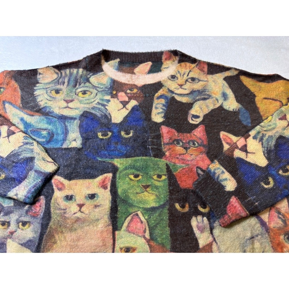 YESNO Whimsical Cat Print Knit Sweater Women All Over Kitten Graphic Soft L - Picture 3 of 10